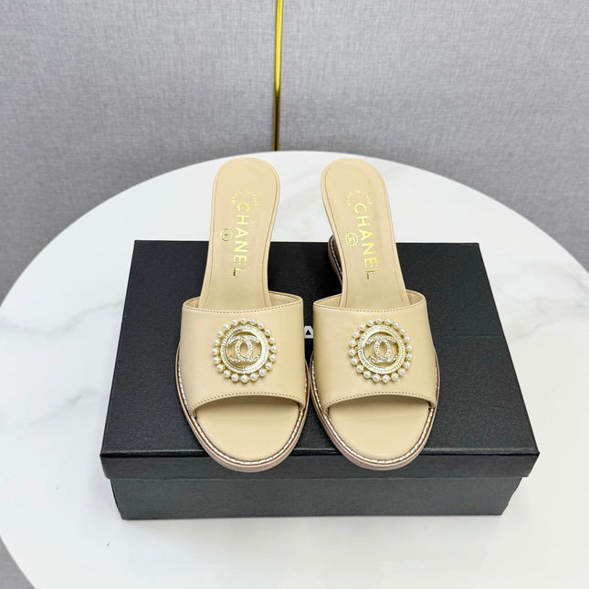 CHANEL 26S WEDGE HEELS IN BEIGE LAMBSKIN WITH CC PEARL EMBELLISHED