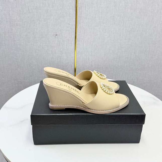CHANEL 26S WEDGE HEELS IN BEIGE LAMBSKIN WITH CC PEARL EMBELLISHED