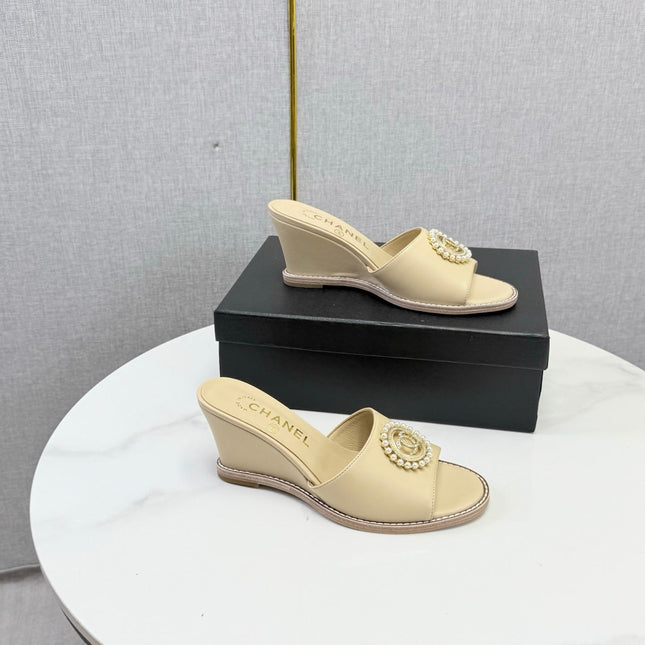 CHANEL 26S WEDGE HEELS IN BEIGE LAMBSKIN WITH CC PEARL EMBELLISHED