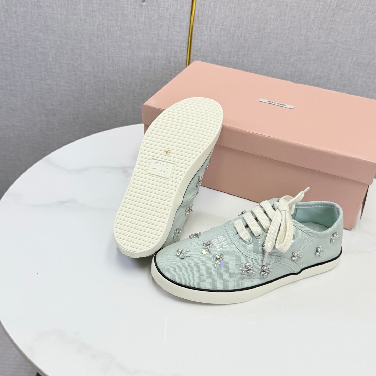 MIUMIU 26S EMBELLISHED SNEAKERS IN LIGHT BLUE FABRIC