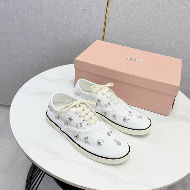 MIUMIU 26S EMBELLISHED SNEAKERS IN WHITE FABRIC