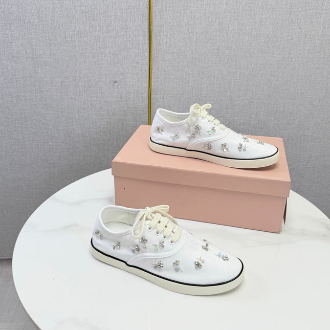 MIUMIU 26S EMBELLISHED SNEAKERS IN WHITE FABRIC