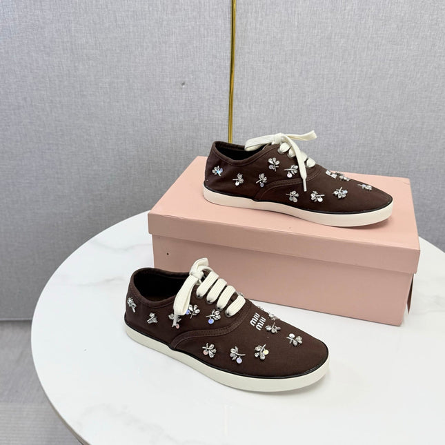 MIUMIU 26S EMBELLISHED SNEAKERS IN DRAK BROWN FABRIC