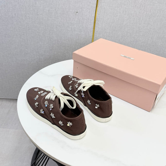 MIUMIU 26S EMBELLISHED SNEAKERS IN DRAK BROWN FABRIC