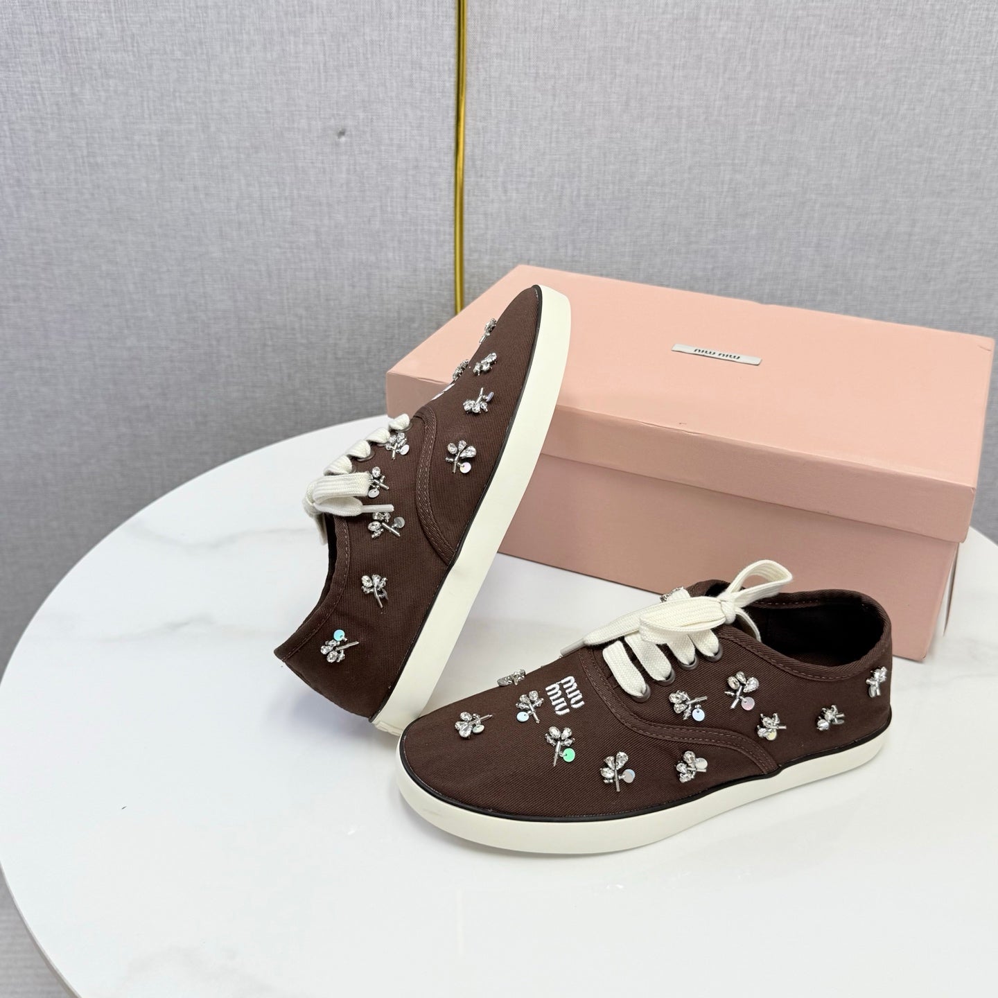 MIUMIU 26S EMBELLISHED SNEAKERS IN DRAK BROWN FABRIC