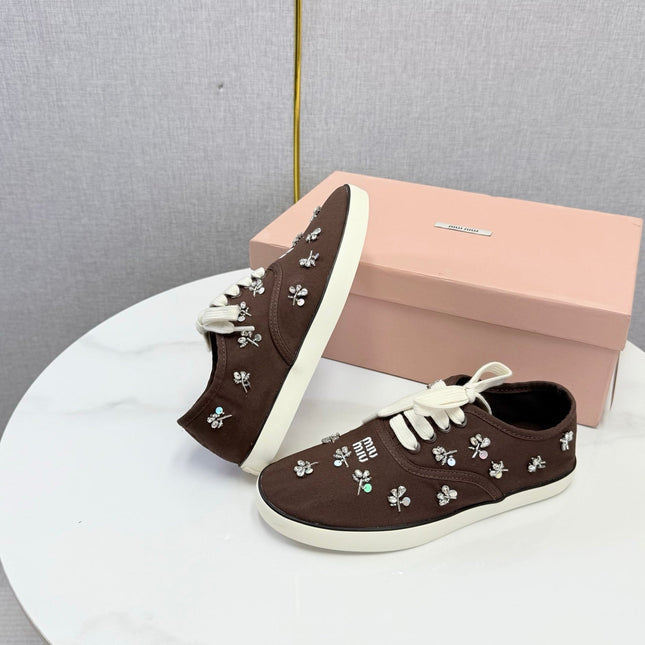 MIUMIU 26S EMBELLISHED SNEAKERS IN DRAK BROWN FABRIC
