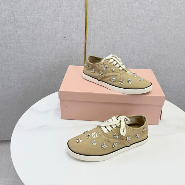 MIUMIU 26S EMBELLISHED SNEAKERS IN CHESTNUT BROWN FABRIC