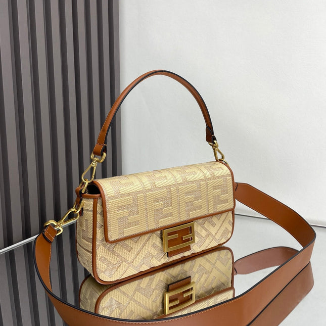 Fend Baguette Gold Tan Canvas Bag 27 with FF Embroidery Ghw