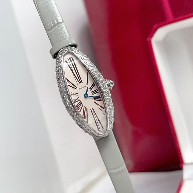 BAIGNOIRE ALLONGÉE WATCH SILVER CASE WITH PASTEL GRAY LEATHER STRAP