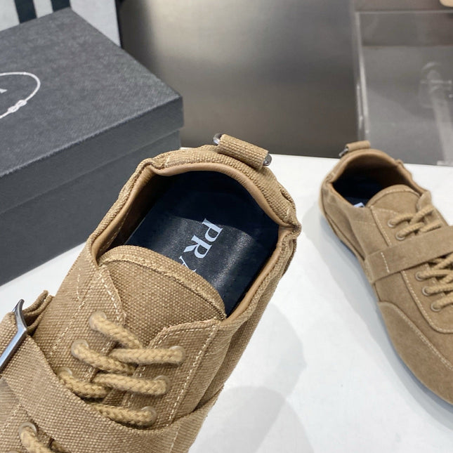 PRADA 26S SNEAKERS IN BROWN FABRIC SILVER HARDWARE