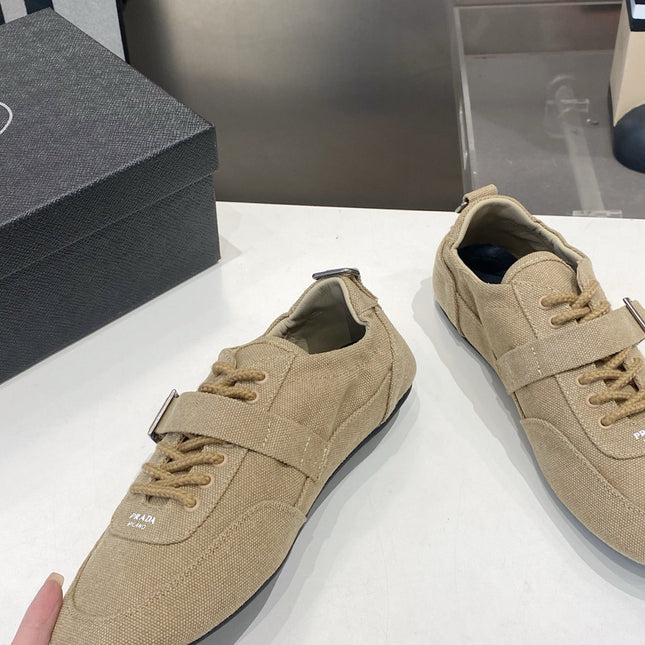 PRADA 26S SNEAKERS IN LIGHT BROWN FABRIC SILVER HARDWARE