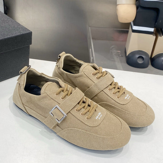 PRADA 26S SNEAKERS IN LIGHT BROWN FABRIC SILVER HARDWARE