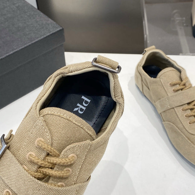 PRADA 26S SNEAKERS IN LIGHT BROWN FABRIC SILVER HARDWARE