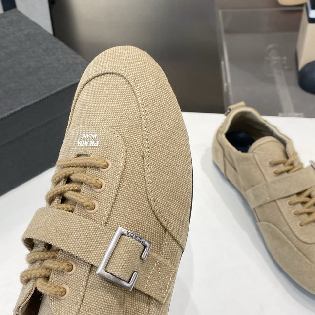 PRADA 26S SNEAKERS IN LIGHT BROWN FABRIC SILVER HARDWARE
