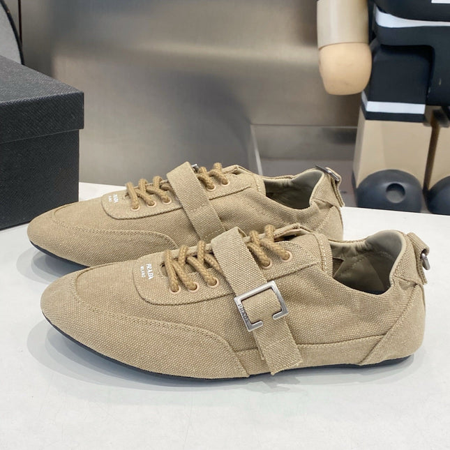 PRADA 26S SNEAKERS IN LIGHT BROWN FABRIC SILVER HARDWARE