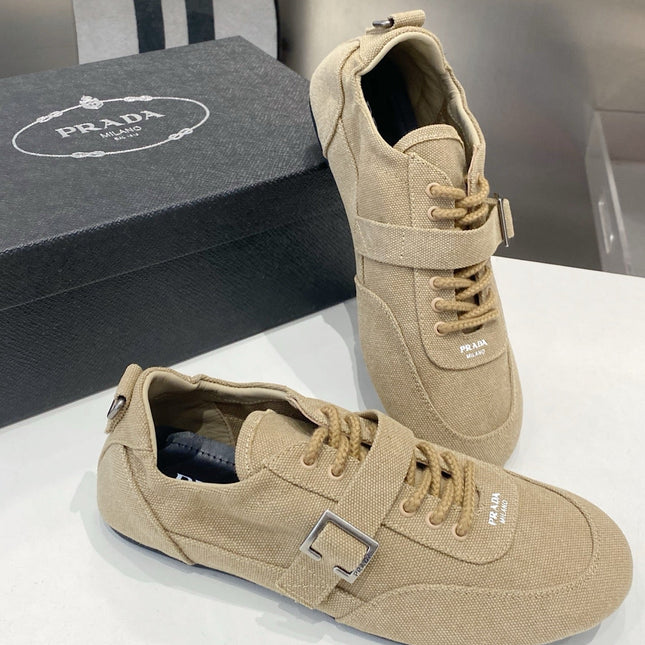 PRADA 26S SNEAKERS IN LIGHT BROWN FABRIC SILVER HARDWARE
