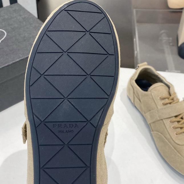 PRADA 26S SNEAKERS IN LIGHT BROWN FABRIC SILVER HARDWARE