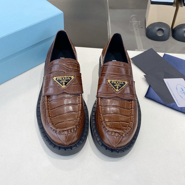 PRADA 26S LOAFERS IN DARK BROWN CROCODILE PRINT CALFSKIN