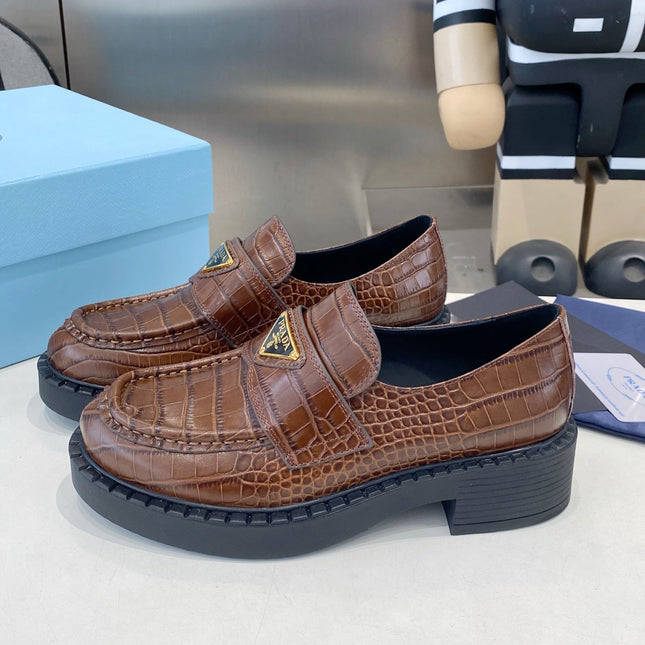 PRADA 26S LOAFERS IN DARK BROWN CROCODILE PRINT CALFSKIN