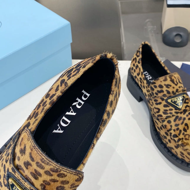 PRADA 26S LOAFERS IN BROWN LEOPARD PRINT PONY HAIR