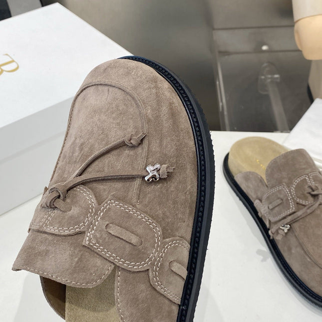 THE ROW 26S KNOT DETAIL MULE LOAFERS IN TAUPE BROWN SUEDE