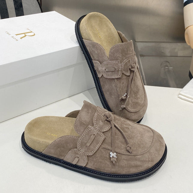 THE ROW 26S KNOT DETAIL MULE LOAFERS IN TAUPE BROWN SUEDE