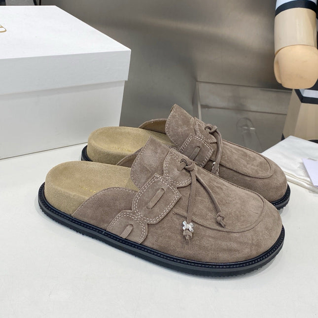 THE ROW 26S KNOT DETAIL MULE LOAFERS IN TAUPE BROWN SUEDE