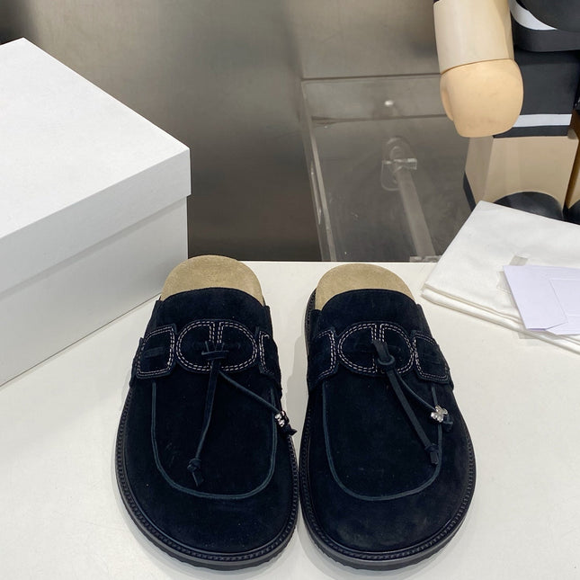 THE ROW 26S KNOT DETAIL MULE LOAFERS IN BLACK SUEDE