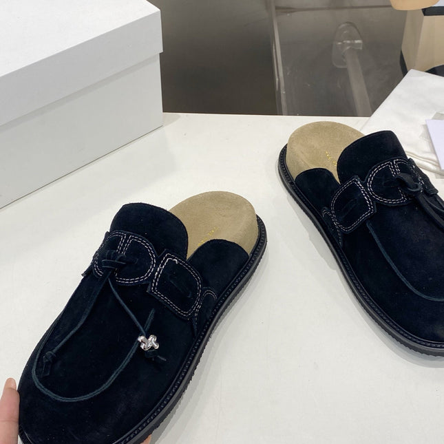 THE ROW 26S KNOT DETAIL MULE LOAFERS IN BLACK SUEDE