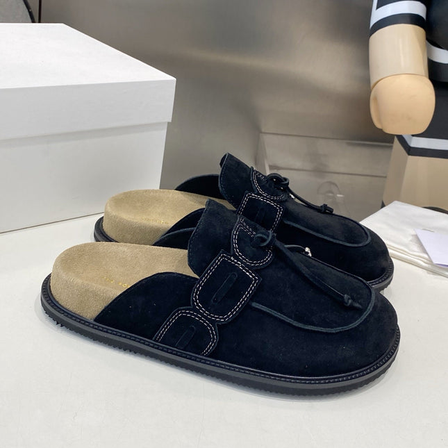 THE ROW 26S KNOT DETAIL MULE LOAFERS IN BLACK SUEDE