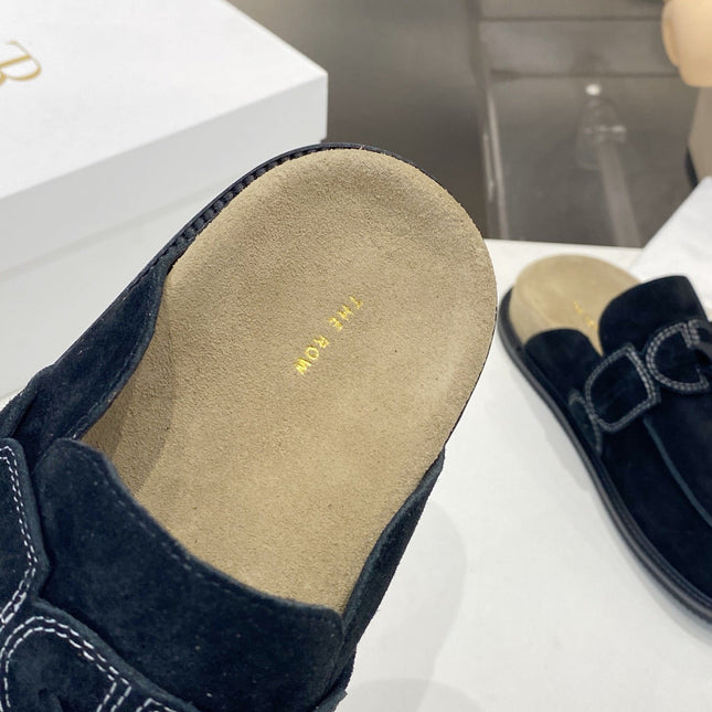 THE ROW 26S KNOT DETAIL MULE LOAFERS IN BLACK SUEDE