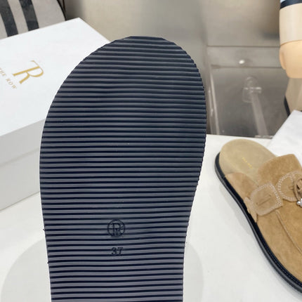 THE ROW 26S KNOT DETAIL MULE LOAFERS IN SAND BEIGE SUEDE