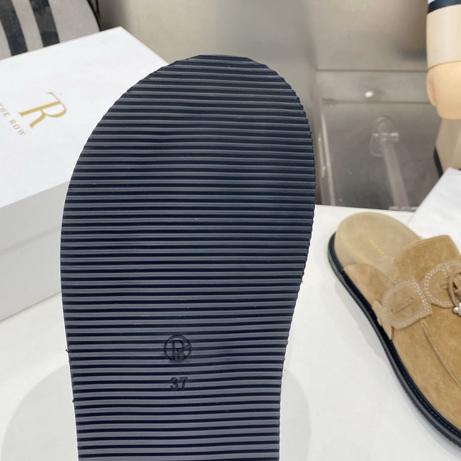 THE ROW 26S KNOT DETAIL MULE LOAFERS IN SAND BEIGE SUEDE