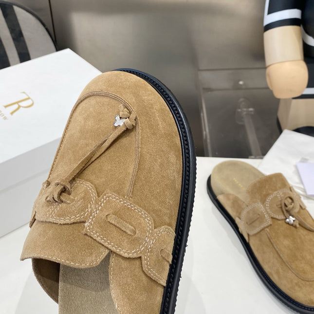 THE ROW 26S KNOT DETAIL MULE LOAFERS IN SAND BEIGE SUEDE