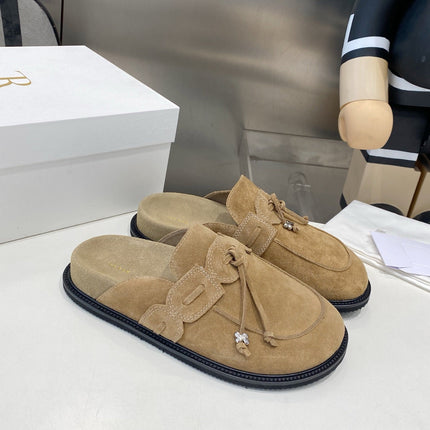 THE ROW 26S KNOT DETAIL MULE LOAFERS IN SAND BEIGE SUEDE