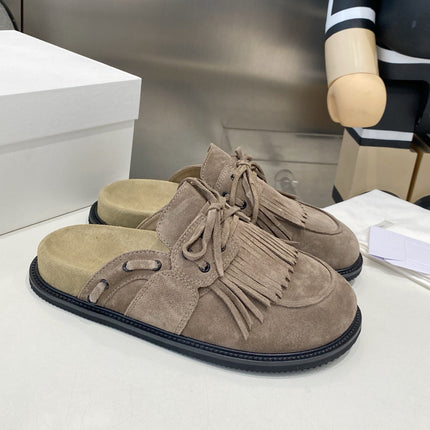 THE ROW 26S FRINGE LACE UP MULES IN TAUPE BROWN SUEDE