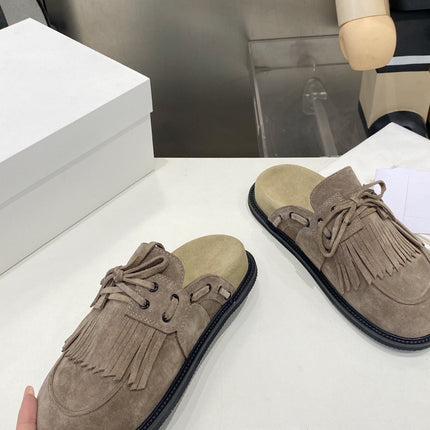 THE ROW 26S FRINGE LACE UP MULES IN TAUPE BROWN SUEDE