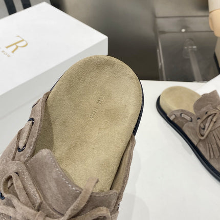 THE ROW 26S FRINGE LACE UP MULES IN TAUPE BROWN SUEDE