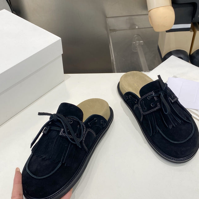 THE ROW 26S FRINGE LACE UP MULES IN BLACK SUEDE