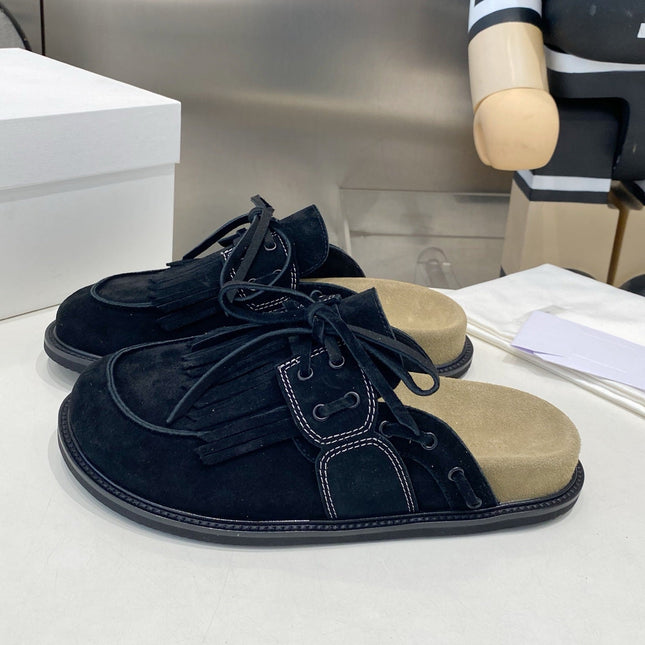 THE ROW 26S FRINGE LACE UP MULES IN BLACK SUEDE