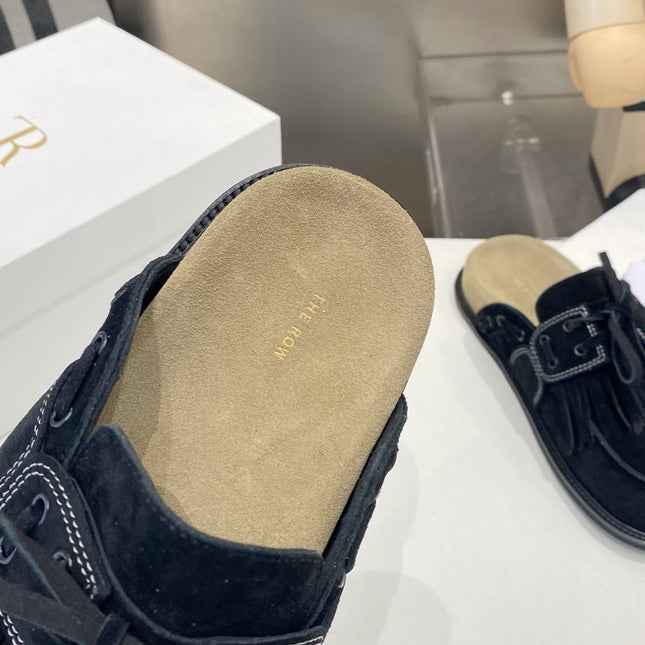 THE ROW 26S FRINGE LACE UP MULES IN BLACK SUEDE