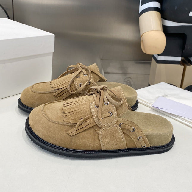THE ROW 26S FRINGE LACE UP MULES IN SAND BEIGE SUEDE