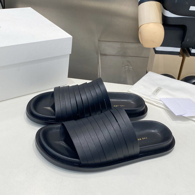 THE ROW 26S MULTI STRAP SLIDES IN BLACK CALFSKIN