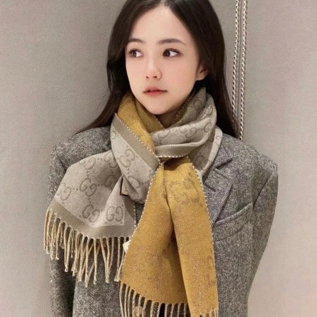 SCARF 195 CM IN DIJON YELLOW AND KHAKI BROWN CASHMERE 401403