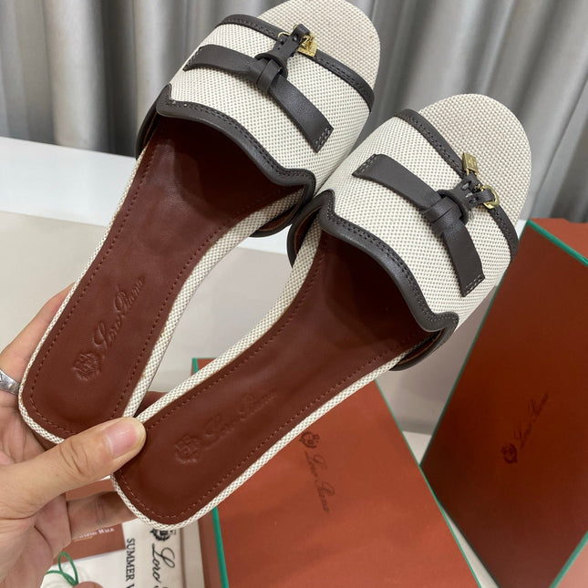 LP 26S SLIDES IN OFF-WHITE CANVAS AND DARK BROWN CALFSKIN