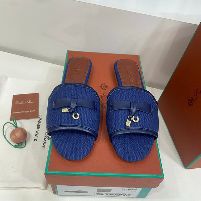 LP 26S SLIDES IN NAVY BLUE CANVAS AND CALFSKIN
