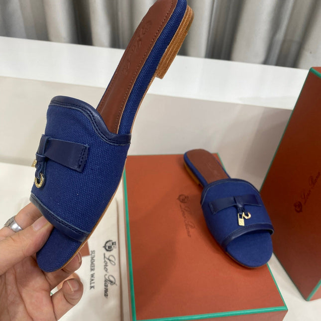 LP 26S SLIDES IN NAVY BLUE CANVAS AND CALFSKIN