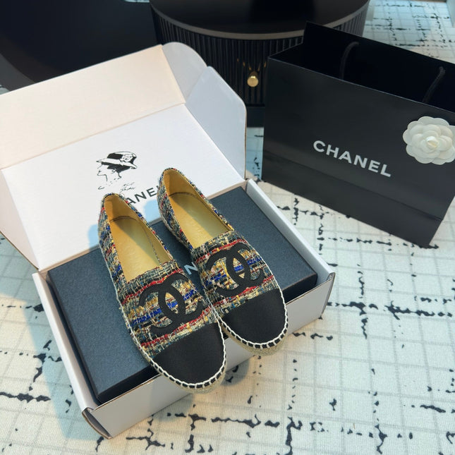 ESPADRILLES LOAFERS IN MULTICOLOR TWEED AND BLACK SATIN