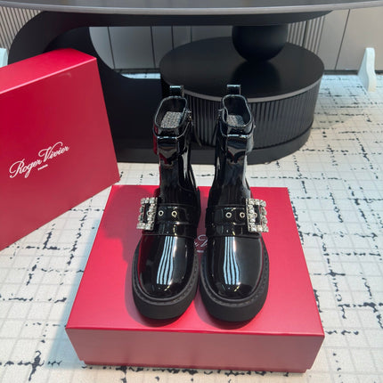 VIV' RANGERS BIKER BOOTIES IN BLACK PATENT CALFSKIN WITH METAL BUCKLE