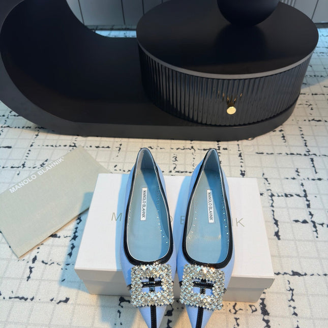 MANOLO BLAHNIK HANGISI FLAT BALLERINA SHOES IN BLUE WITH CRYSTAL BUCKLE